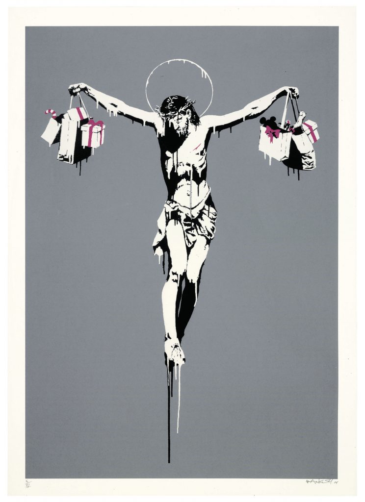 “Christ with shopping bags” (Cristo con bolsas de la compra) de Banksy. 