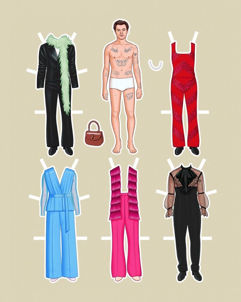 Una ilustración de Helen Green sobe el estilo y el desafío al género de la moda de la estrella pop Harry Styles. 
