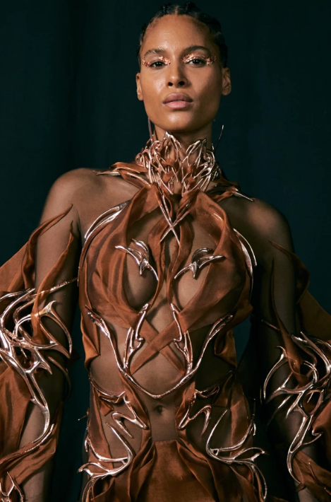 El vestido Magnum Vegan Dress diseñado por Iris Van Herpen posee en su superficie adornos corporales símil plantas bañados de cobre. 
