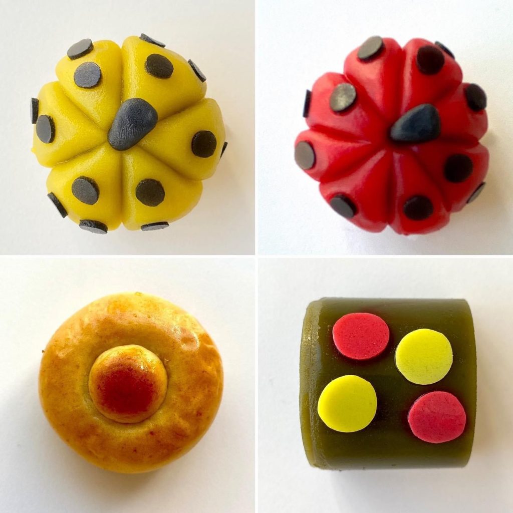Piezas de pastelería tradicional japonesa (wagashi) de Ana Irie inspiradas en Yayoi Kusama. 