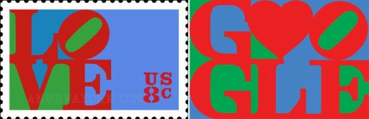 El sello postal del correo norteamericano y el doodle de Google con el símbolo LOVE. 