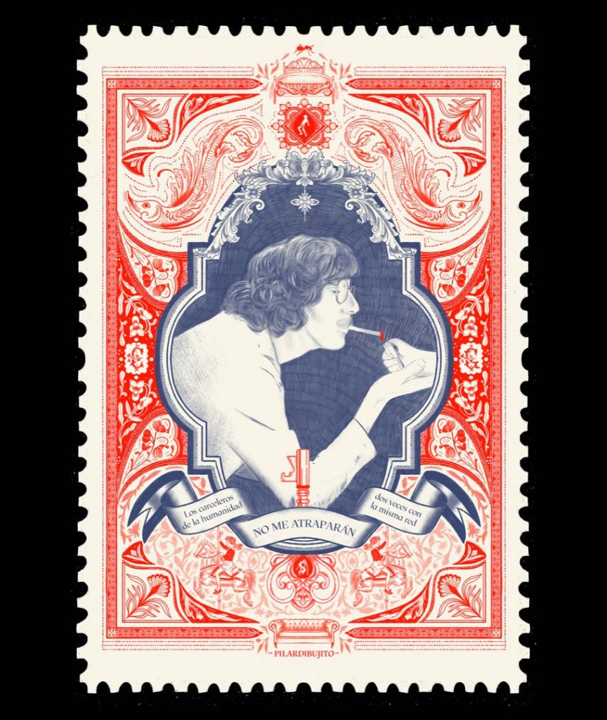 El sello postal de Charly García diseñado por Pilar Viega. 