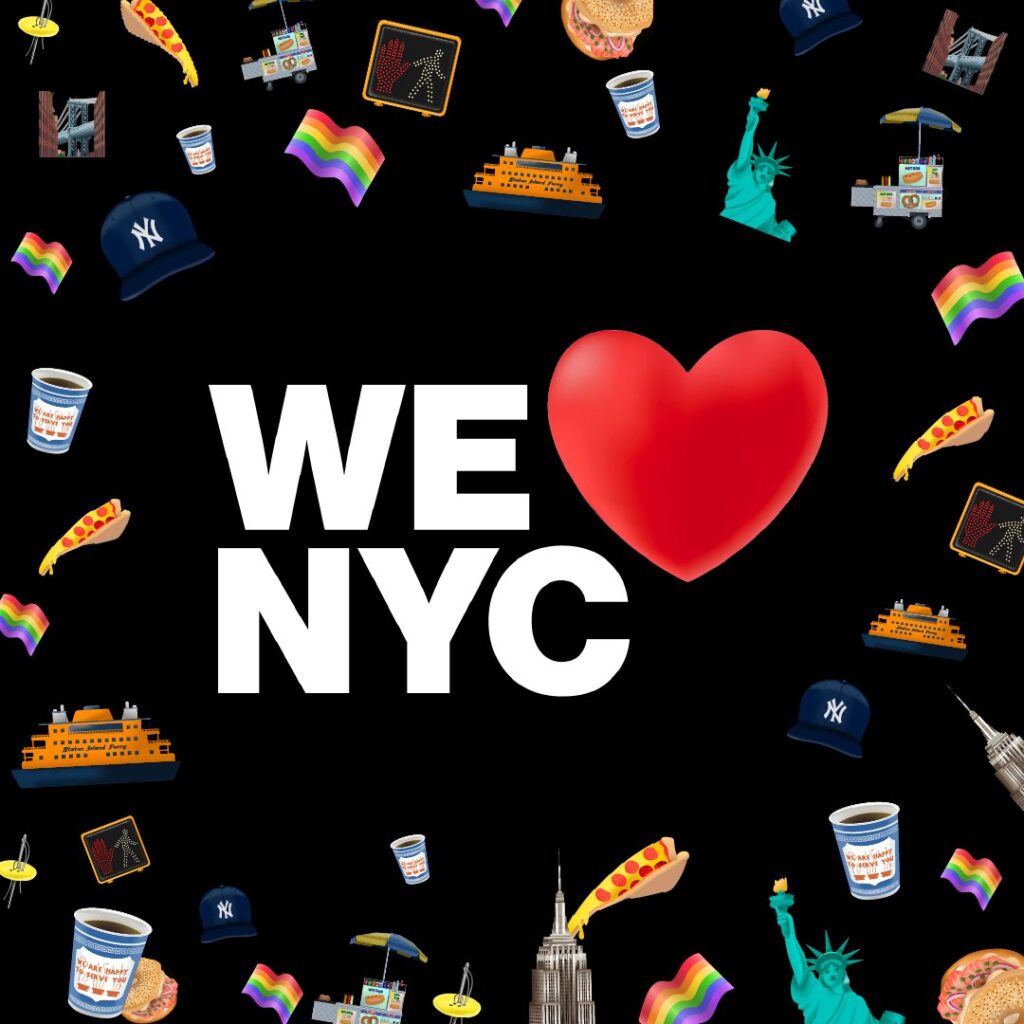 "We Love NYC" con emoticones de símbolos de la Gran Manzana alrededor. 