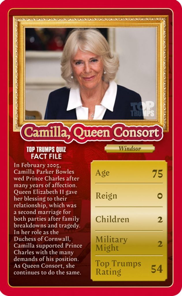 Camila, la Rena consorte en el juego de cartas Top Trumps. 