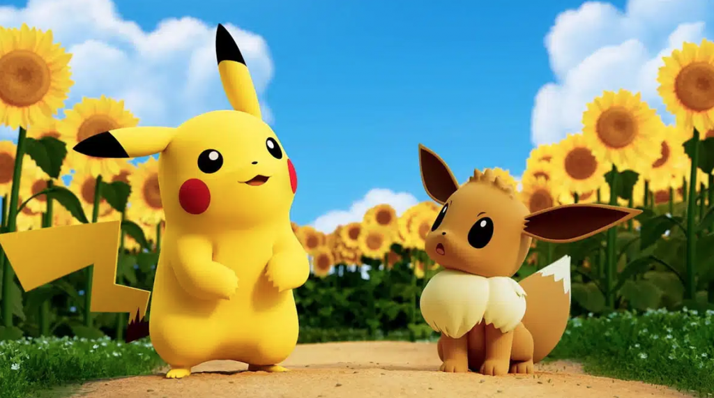 Pikachu y Eevee entre los girasoles de Van Gogh en el tráiler de presentación de la alianza de Pokémon y Van Gogh. 
