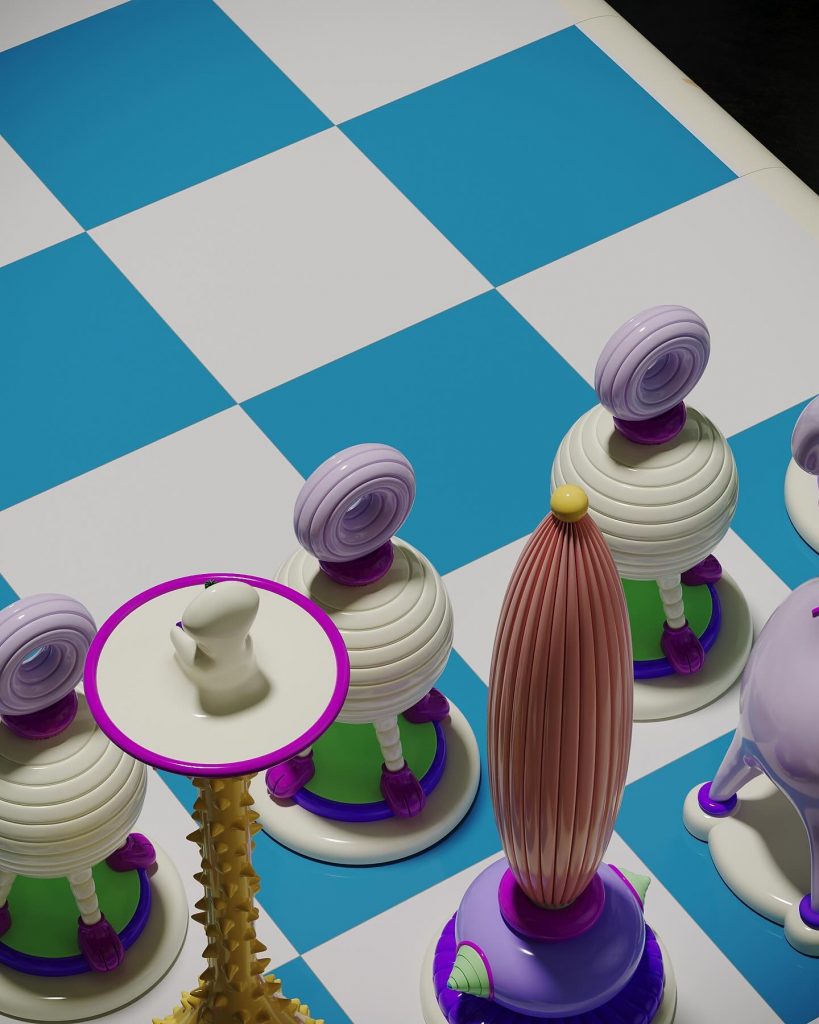 Los tonos pastel claro y azules tiñen cada una de las piezas del ajedrez del “universo Yoomoota”.