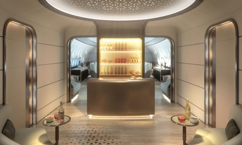 El bar en la cabina del Lufthansa Technik CelestialStar Boeing 777-9. 