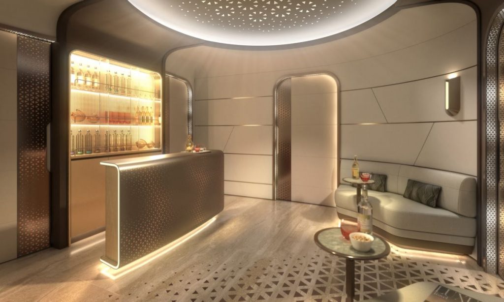 El concepto de diseño del bar en el Lufthansa Technik CelestialStar Boeing 777-9. 