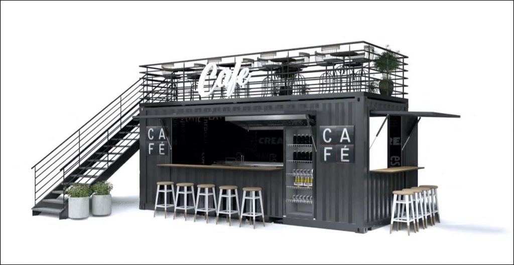 El mobiliario y accesorios de los bares containers tienen acabados modernos y con materialidad sostenible. 
