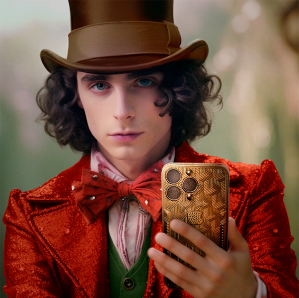 Si el joven Wonka (Timothy Chalamet) tuviera un iPhone, ¡sería de chocolate de oro!. 