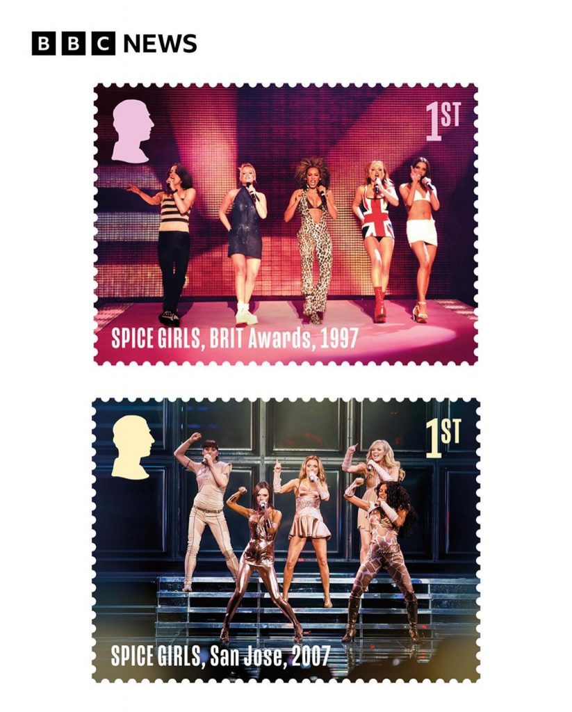 Los sellos de Spice Girls x Royal Mail exhiben imágenes de inolvidables shows en vivo de la banda. 