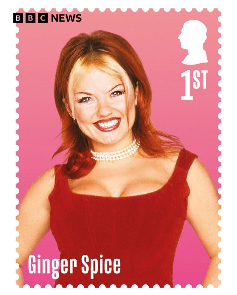Geri Halliwell (Ginger Spice) en la estampilla de Royal Mail que celebra el 30º aniversario de Spice Girls.