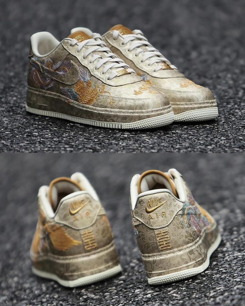 El dorado se impone en la estética de las zapatillas Nike Air Force 1 Low “Año Nuevo Chino”. 