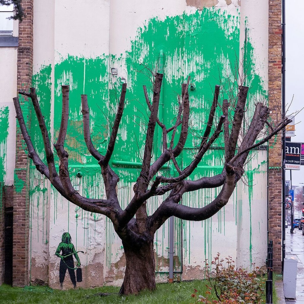 El color verde que utilizó Banksy simula el follaje brillante de un viejo árbol sin hojas en primavera. 