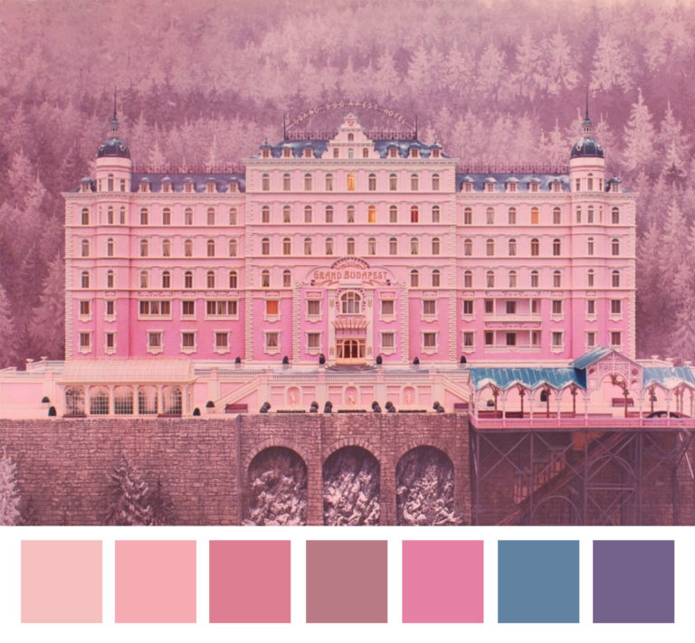 La dirección artística y paleta de colores del film El Gran Hotel Budapest de Wes Anderson. 