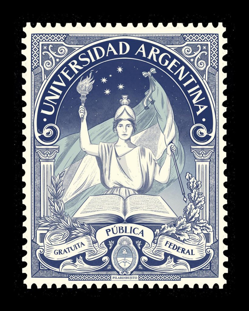 El Escudo Universitario Federal de Pilar Veiga, un ícono de la Marcha Universitaria Federal del 23 de abril de 2024. 