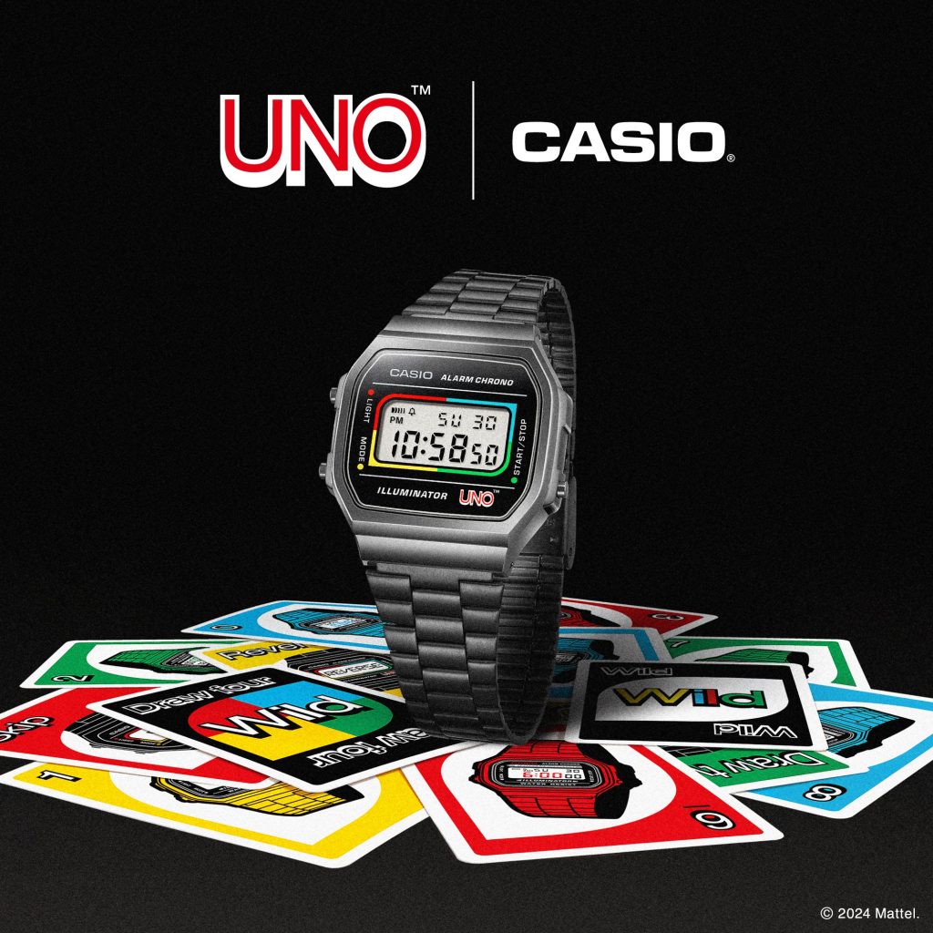 La colección refleja el encanto de Casio y UNO, dos marcas clásicas de los años 70 y 80. 