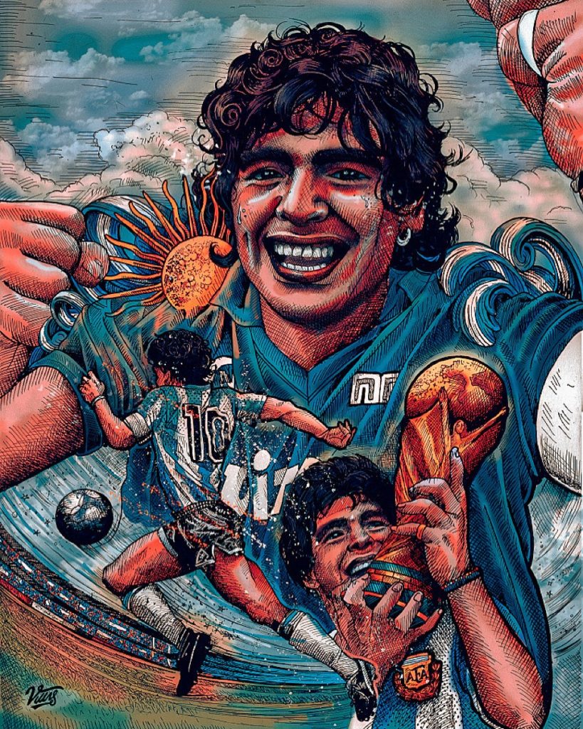 La ilustración de Maradona, eterno en la selección argentina y en Napoli, por Villy. 