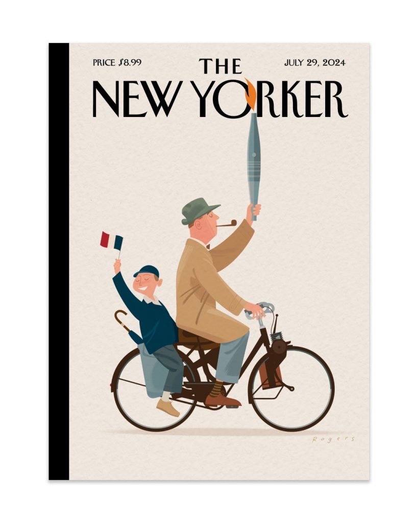 En la edición de esta semana de The New Yorker, la portada de Paul Rogers, con una ilustración sobre los juegos y la antorcha de París 2024. 