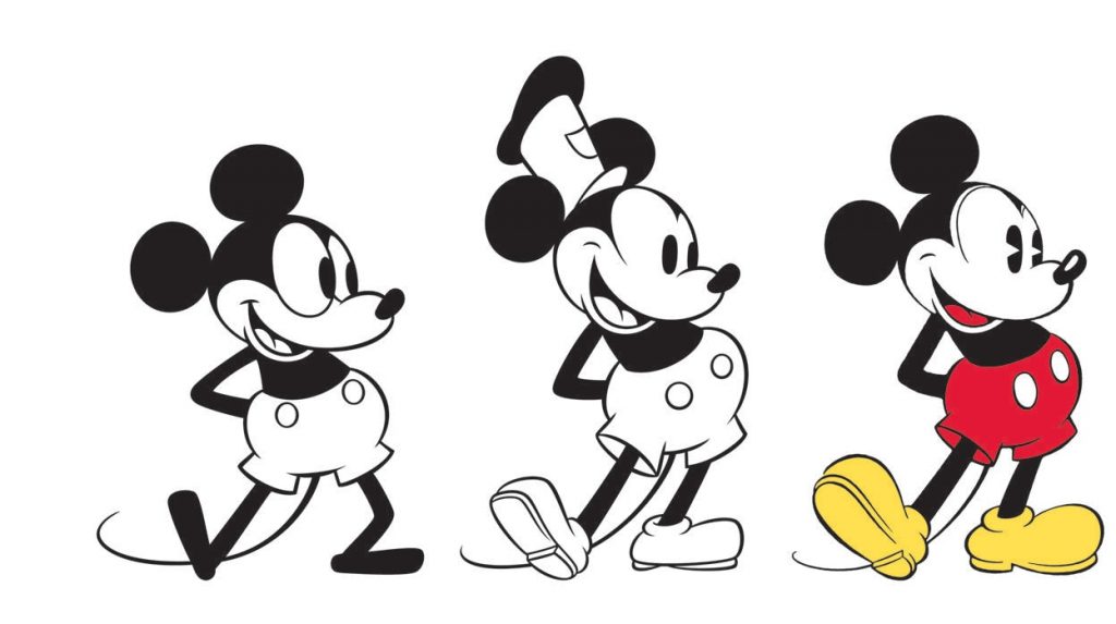 Tres momentos en la vida y transformación visual de Mickey Mouse, ícono de Walt Disney. 