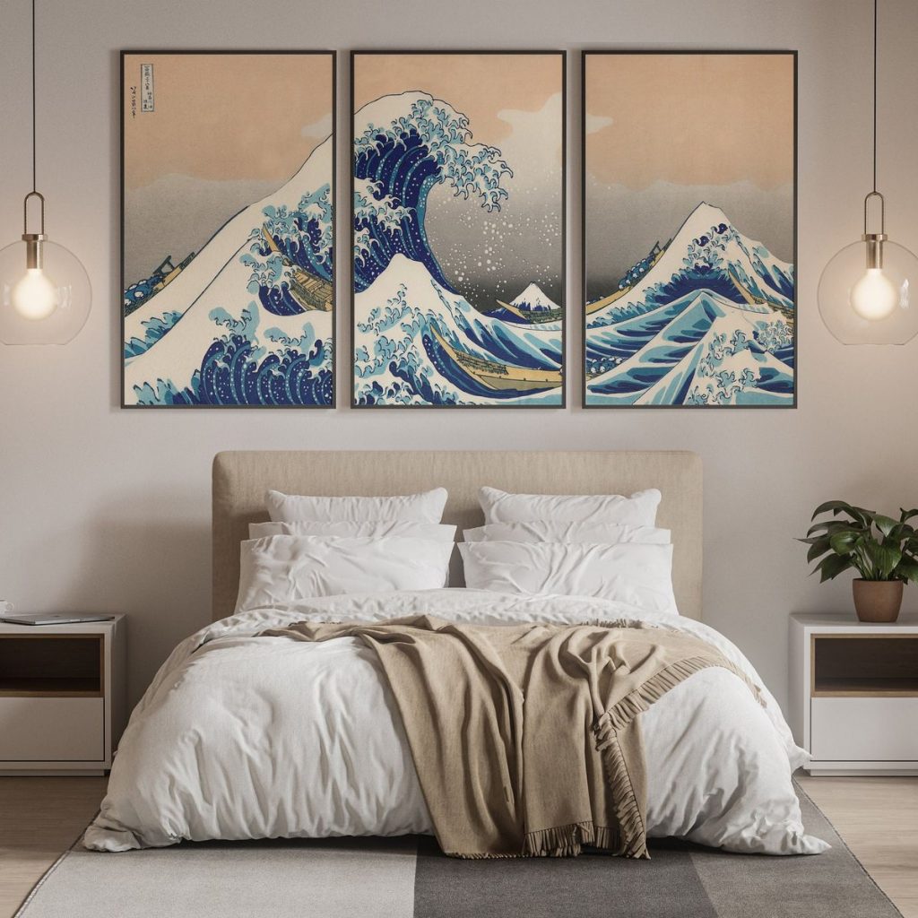 “La gran ola de Kanagawa”, la obra "de los sueños" de Hokusai en la decoración de un dormitorio. 