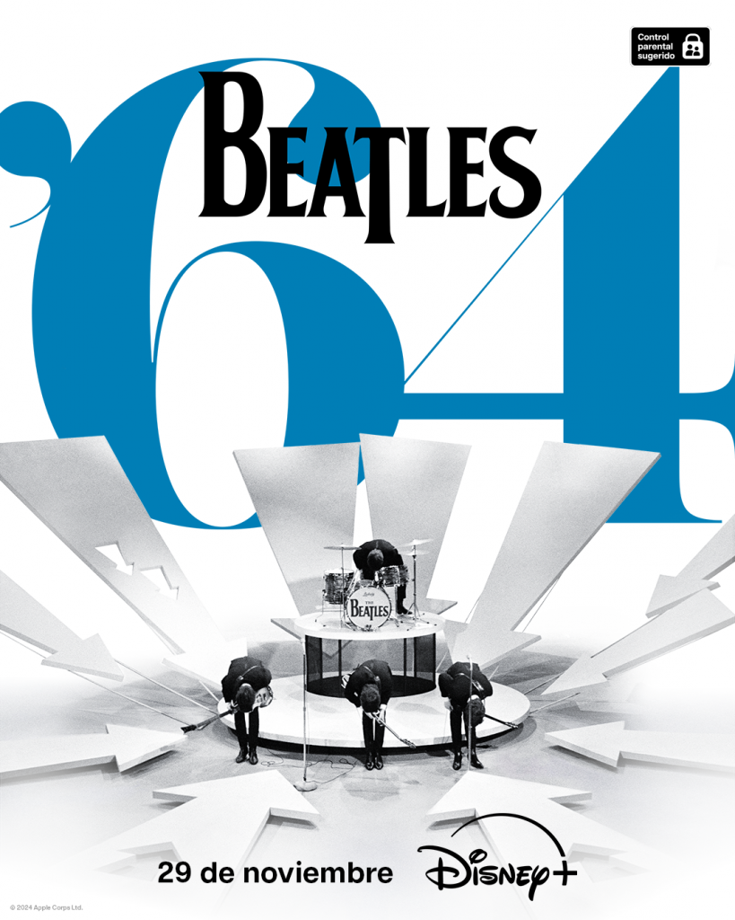 El póster oficial de Beatles ’64, el documental sobre The Beatles en Disney+. 