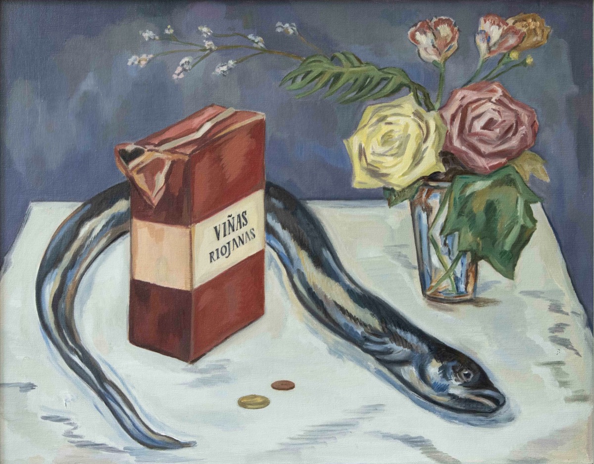 Anguila, flores y monedas fuera de curso legal, after Manet / Óleo sobre lienzo de Nahuel Vecino.