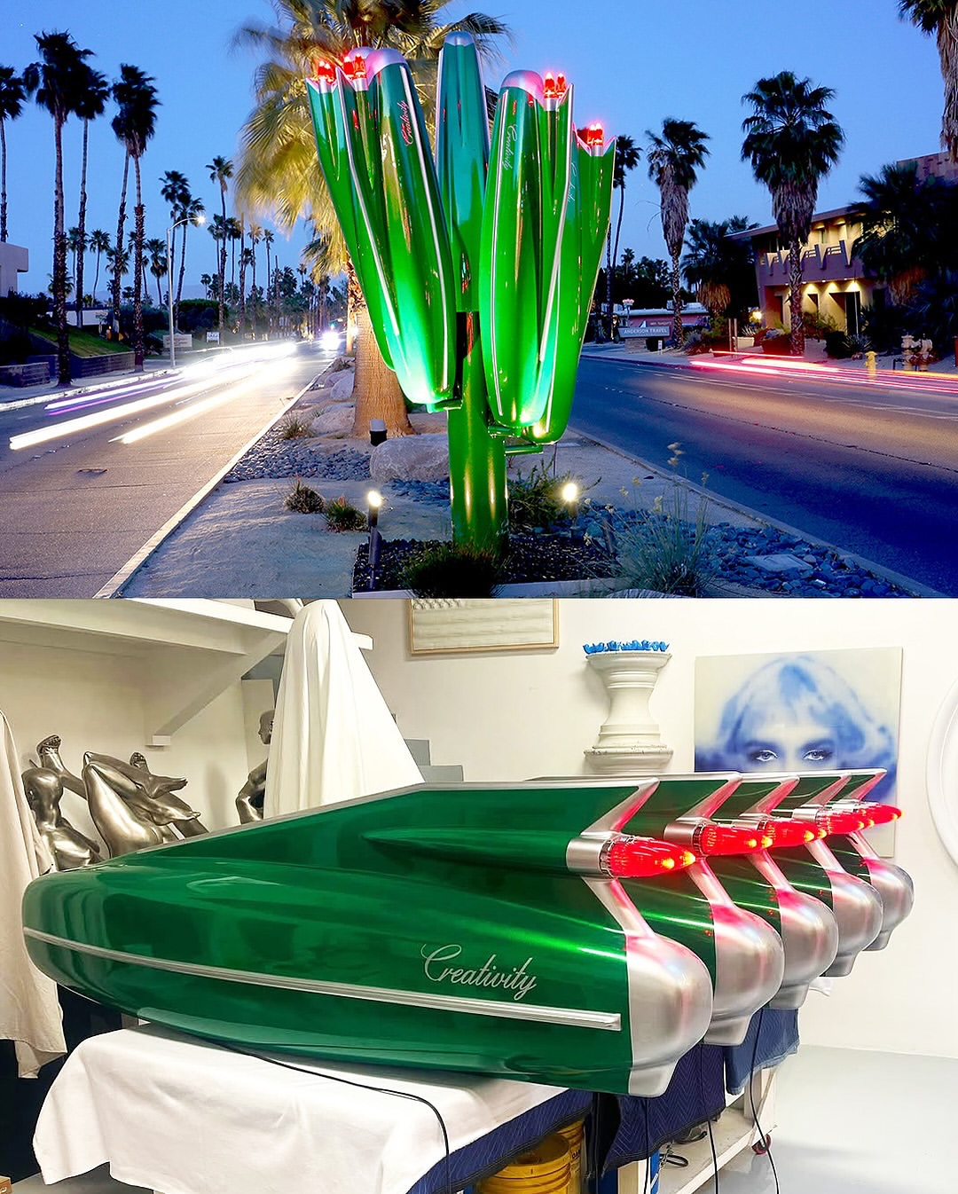 La escultura cactus está hecha con partes del mítico Cadillac de 1959.
