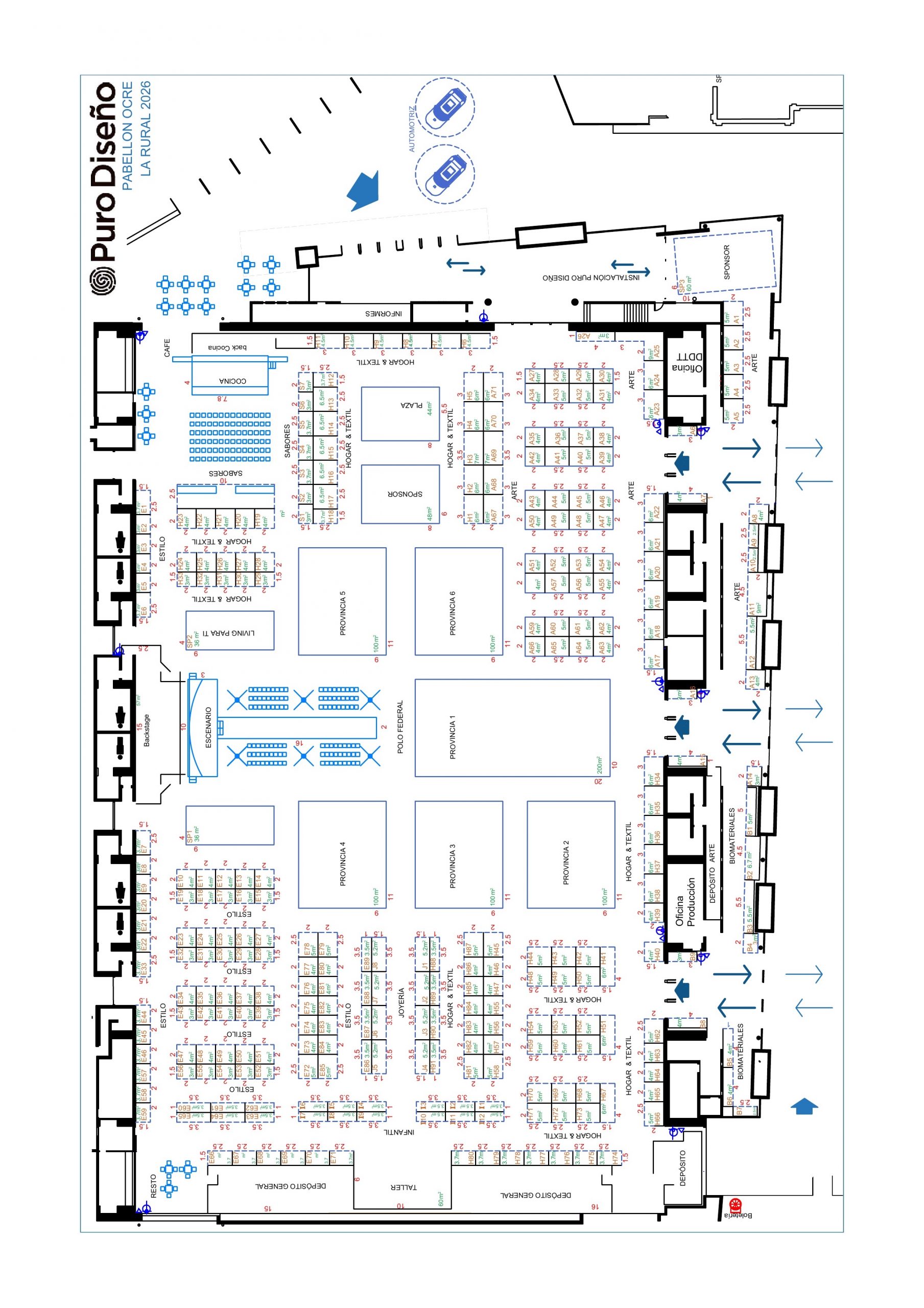 El plano de Feria Puro Diseño 2026 en el Pabellón Ocre de La Rural. 