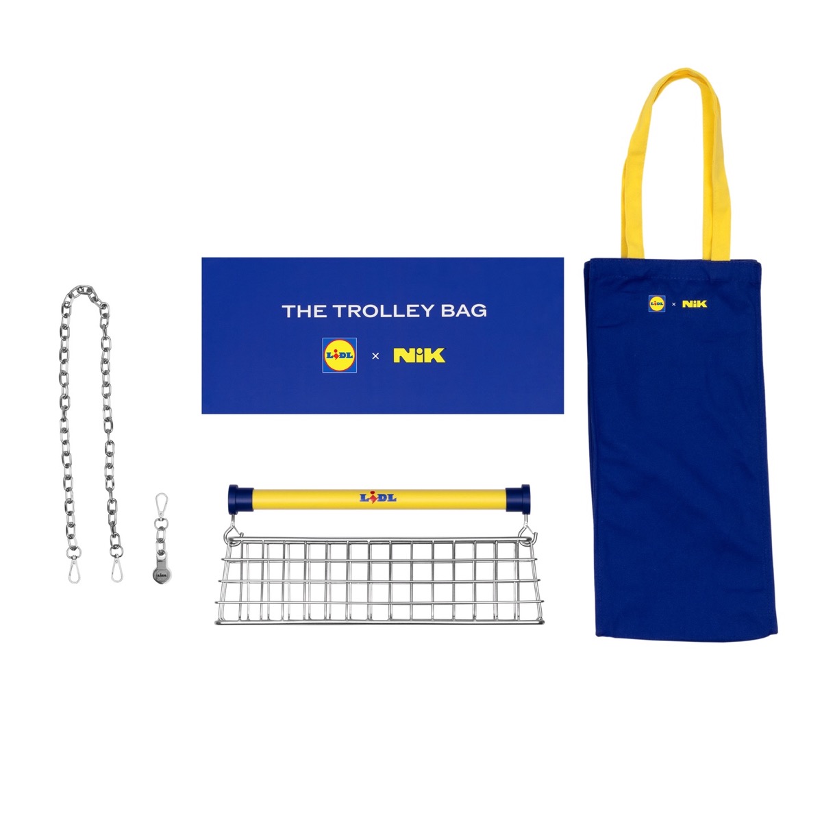 El kit de diseño completo y el detalle: el llavero que permite enganchar el mini bolso a los carritos reales de los súper Lidl. 